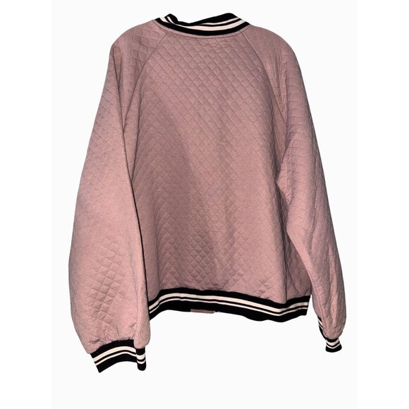 Quilted Light Pink Full-Zip Bomber Jacket With Black & White Striped Trim Shein - Picture 6 of 6